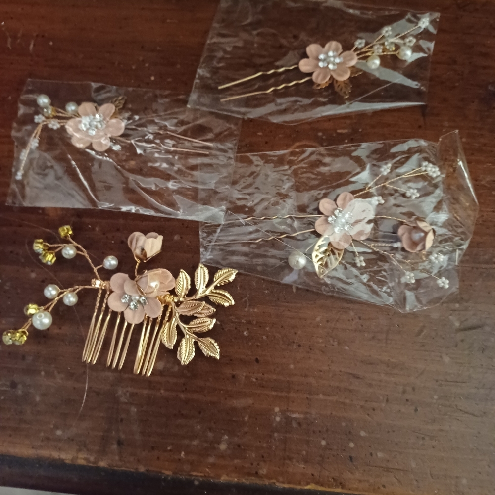 Elegant Floral Hair Accessories Set - Gold and Pink
